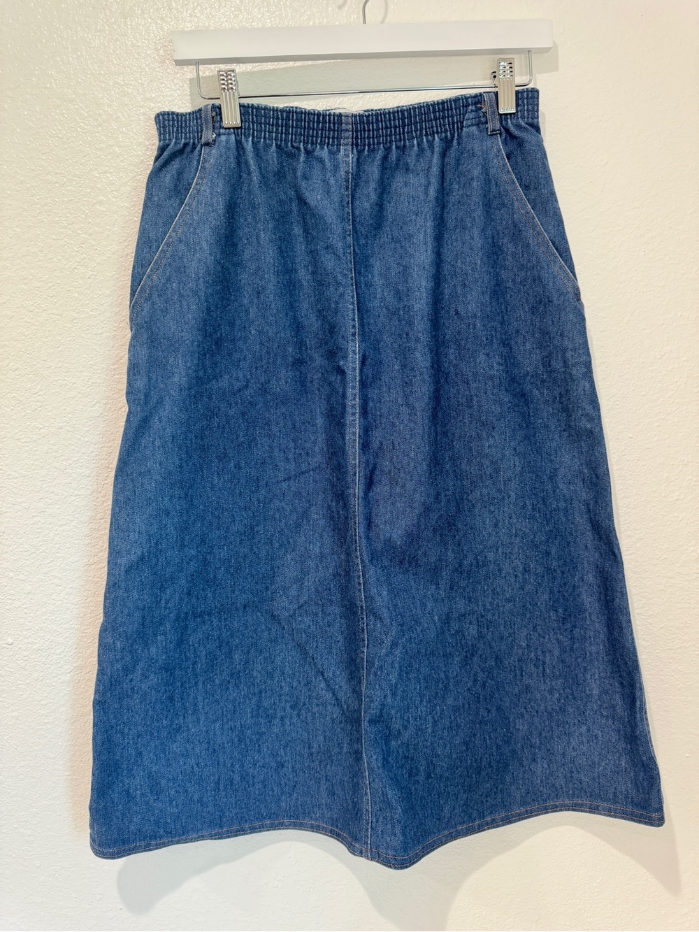 Vintage Medium Wash Denim Elastic High Waist A Line Midi Skirt Pockets Grunge M